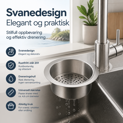 🦢 Vaskesil i rustfritt stål – elegant svaneform, 10cm diameter, effektiv avløp. Korrosjonsbestandig og lett å rengjøre – perfekt til kjøkkenvasken! ✨🍽️