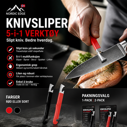 🔪 Multifunksjonell knivsliper – herdet legert stål, rask gjenoppretting av skarphet. Inkludert flaskeåpner og skiftenøkkel – perfekt til friluftsliv! 🍾🏕️