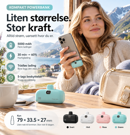🔌 Kompakt trådløs powerbank – 5000mAh, hurtiglading, digital display. Perfekt for lomme og veske! 💪📱