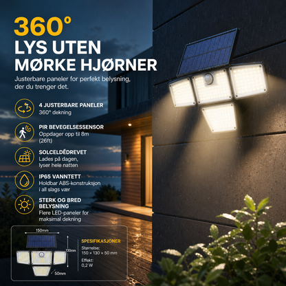 🌞 Ultralyst solcellelampe – fire justerbare LED-paneler dekker hele hagen. Bevegelsessensor, vanntett og lader på sol – trygghet døgnet rundt! 🛡️✨