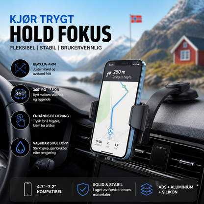 📱 Bilsugetelefonholder – 360° roterbar, bøybar arm, passer 4,7–7,2″. Vaskbar sugekopp! 🚗✨