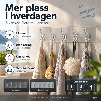🧷 Selvklebende kroklist med 5 kroker – borrfri, gjenbrukbar, vanntett. Spar plass i kjøkken, bad og gang! 🛁🚪
