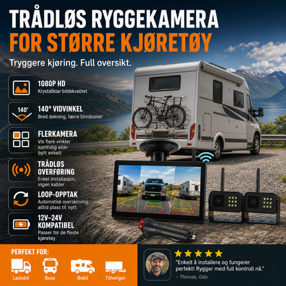 🚛 Trådløst dashcamsystem – 1080P, delt skjerm, 140° synsfelt. Perfekt for lastebiler og bobiler! 📡✨