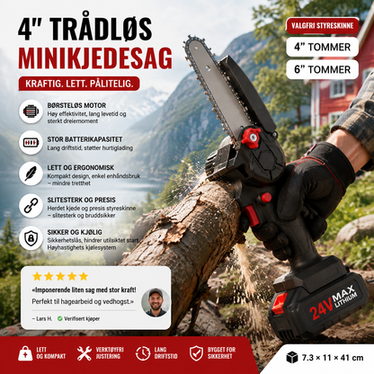 🪓 Børsteløs bærbar minisag – kraftig motor, langvarig batteri, lett og ergonomisk. Perfekt til beskjæring, ved og hagearbeid – sikker og effektiv! 🌳🔋