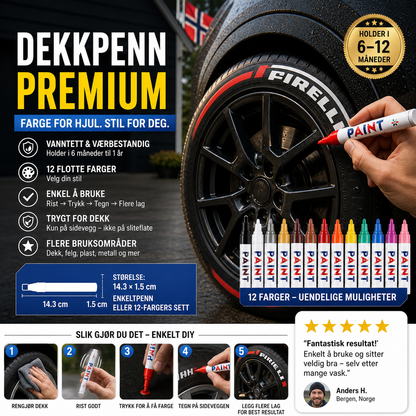 🖌️ Vanntett dekkmalingspenn – 12 farger, varer i 6–12 mnd. Perfekt til riper og design! 🚗✨