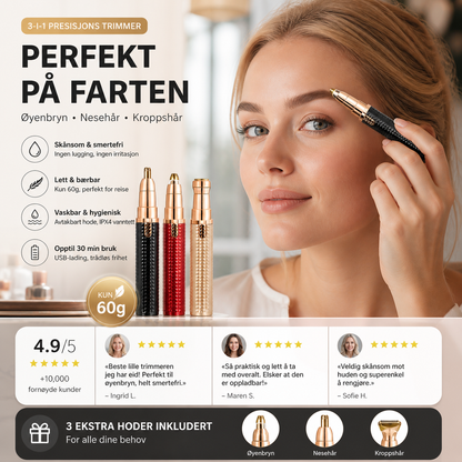 🪒 Presisjonsbarberer med 3 hoder – for øyenbryn, nese og kropp. USB-oppladbar, lett og reisevennlig! ✨🧳