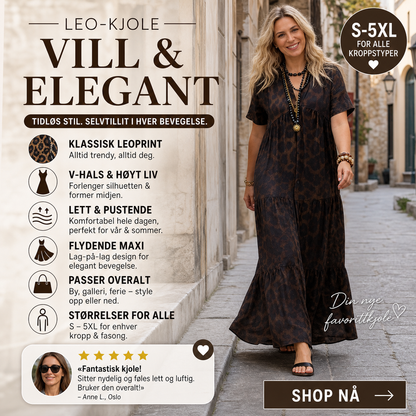 🐆 Lang leopardkjole med V-hals – høy midje fremhever figuren, flytende maxi-skjørt. Pustende ermer, tidløst mønster – perfekt til hverdags og fest! ✨👗