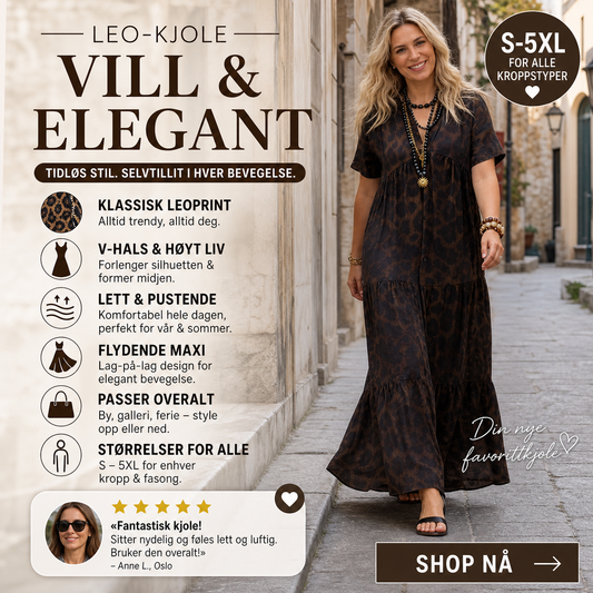 🐆 Lang leopardkjole med V-hals – høy midje fremhever figuren, flytende maxi-skjørt. Pustende ermer, tidløst mønster – perfekt til hverdags og fest! ✨👗