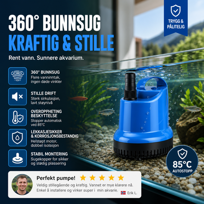 🐠 Bunnsugende filterpumpe – 360° rengjøring, stillegående, overopphetingsvern. Perfekt til akvarier! 🔄💧