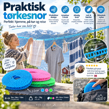 🧺 Vindtett klessnor for reise – 5/8/10 m, S-kroker i stål, kompakt. Perfekt for camping og hotell! ✨🧳