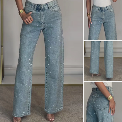 💫 Rhinestone-jeans med rett ben | Mikro-stretchstoff med høy midje og slank passform