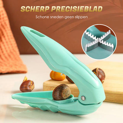 🌰 Multifunksjonell nøtteknekker – sagtannet kniv, sklisikkert grep, 3 farger. Knekk kastanjer, valnøtter og pekannøtter! 🔧✨