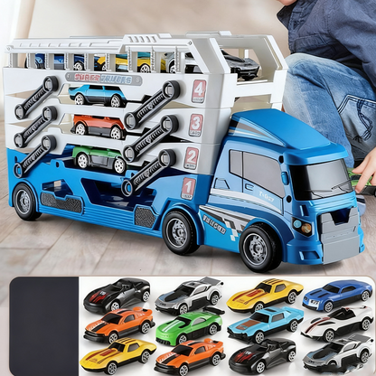 🏎️ Sammenleggbar racerbane-biltransport – 4 nivåer, katapult, 12 metallbiler. Perfekt for små racerkjørere! ✨🚗