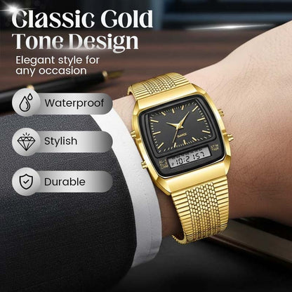 ⌚ 50% RABATT – Dual time klokke – analog & digital – firkantet urskive – rustfritt stål – tidsløs & moderne