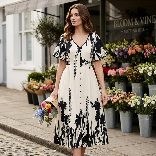 🎁Nyhet: 50 % rabatt💥Myk midikjole med V-hals og botanisk mønster – elegant, lett og passer til alt