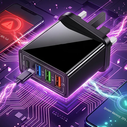 🔌 4‑ports USB-lader – 10W, intelligent strømfordeling, universell kompatibilitet. Perfekt til reising og hjemmebruk! ⚡✨