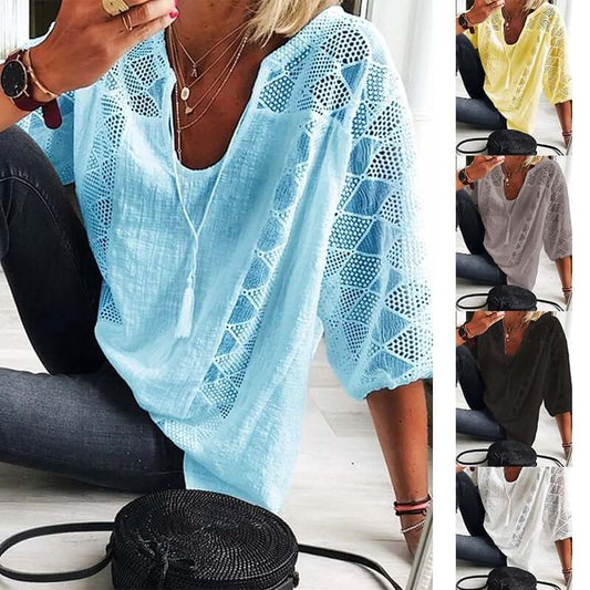 👚 50 % RABATT NÅ! 🌸 U-halset bluse med åpent mønster for damer – snøring med dusker og korte ermer – uformell og stilig sommerstil 🌿