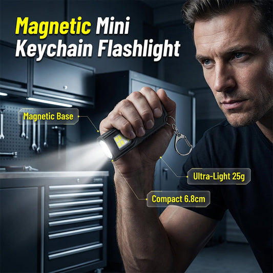 💥 [48 % RABATT i begrenset tid] 🔥 Magnetisk mini-nøkkelringlommelykt | Ultralett (25 g) | Magnetisk base i industriell kvalitet | Røde og blå varsellys | Håndfri belysning | Ideell for camping, reparasjoner og nødsituasjoner