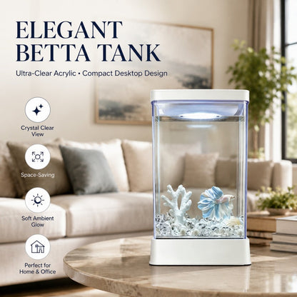 🐟 Betta-fisketank med 7‑farget LED – krystallklart akryl, kompakt vertikal design, USB‑strøm. Perfekt til skrivebord og nattbord – skaper ro! ✨🌙