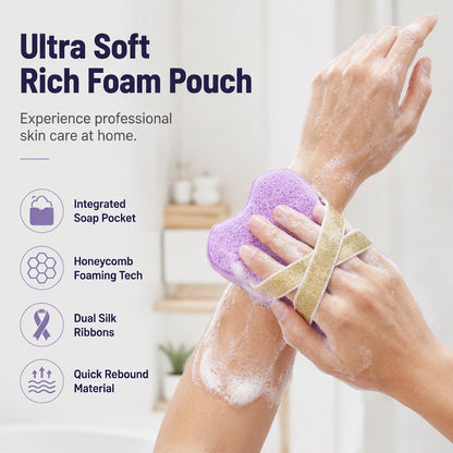 🛁 Dobbel ribbon-stropp svamp – sklisikker, elastisk og behagelig. Honningkake-mesh gir tett skum – perfekt for sensitiv hud og daglig bruk! 💪🌸