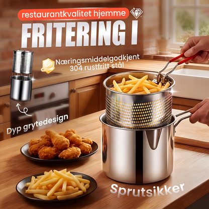 🍳 Friteringsgryte i 304 rustfritt stål – slitesterk, varmeisolerende, sklisikker silikonhåndtak. Dyp bolle sparer olje – perfekt til pommes frites, kylling og tempura! 🔥💪