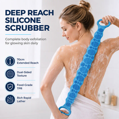 🚿 Ryggskrubb i silikon – 70 cm rekkevidde, dobbeltsidig, matvaregodkjent. Myke bust tilpasser kroppen – perfekt til eksfoliering og massasje! ✨🧖‍♂️