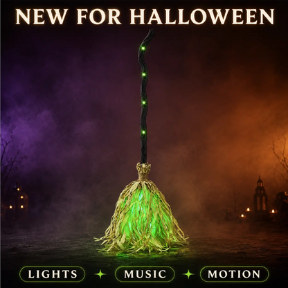 🧙 Gi hagen din liv denne Halloween – Animert heksekost med lys & skumle lyder. 50% rabatt.