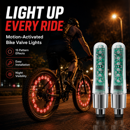 🚲 Bevegelsesaktiverte ventillys – dobbeltsidige LED, 15 dynamiske mønstre. Vanntett og slitesterk – gir synlighet og stil på nattturer! 🌟💡