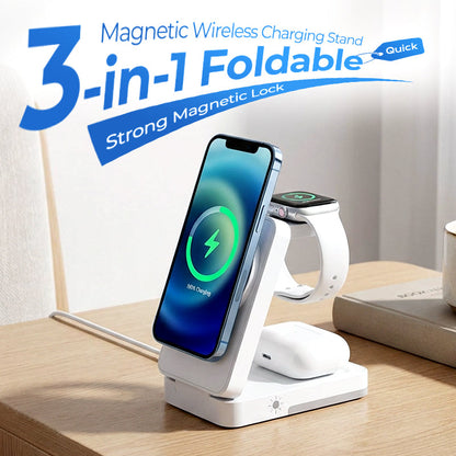 📱 3‑i‑1 trådløs lader – til telefon, klokke og ørepropper. Foldebar, magnetisk, nattlys! 🔋✨