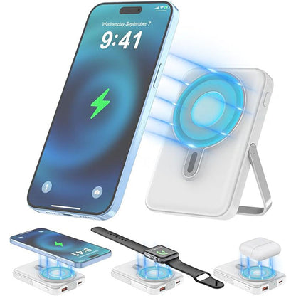 🔋 15W trådløs magnetisk powerbank – 5000/10000mAh, justerbar stand. Lader telefon, klokke og mer!