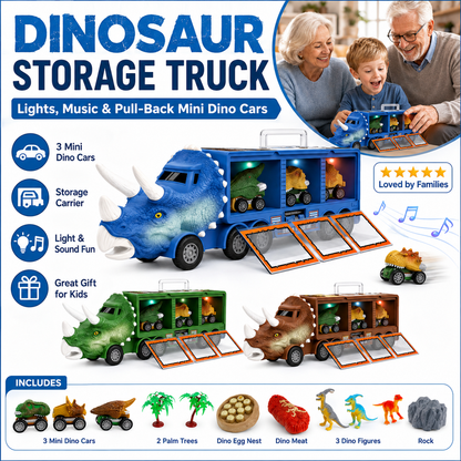 🦕 Dinosaur-leketøy med lys og musikk – lagringstruck, 3 biler, interaktiv moro! 🚗🎶