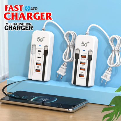 🔌 6‑i‑1 ladestasjon med integrerte kabler – 66W hurtiglading, kompakt og bærbar. Lader 6 enheter samtidig! ⚡✨