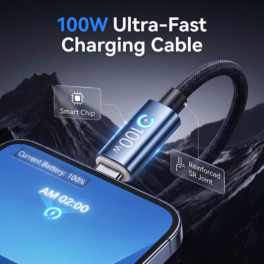 ⚡ 100W hurtigladingskabel – Type-C, auto avstenging, smart chip. Nylonvevd og slitesterk – lader alt! ✨🔌