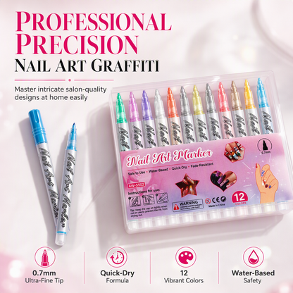 💅 12‑fargers neglekunstpenn – 0,7 mm spisser, pumpeteknikk. Tegn fine linjer og detaljer som en proff! ✨🎨