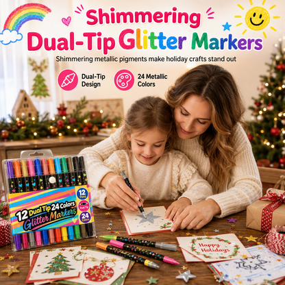 ✨ 24-farget glittertusjsett – doble tupper, metallisk skimmer, passer til negler og kort. Skaper gnistrende kunst! 🎨💅