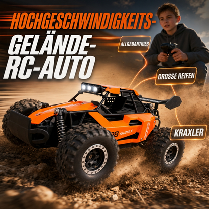 🏎️ Rask 4WD offroad RC-bil – store dekk, støtdemping, LED-lys. Perfekt for tøft terreng og nattkjøring! ✨🌙