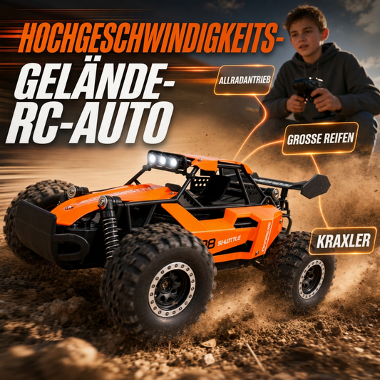 🏎️ Rask 4WD offroad RC-bil – store dekk, støtdemping, LED-lys. Perfekt for tøft terreng og nattkjøring! ✨🌙