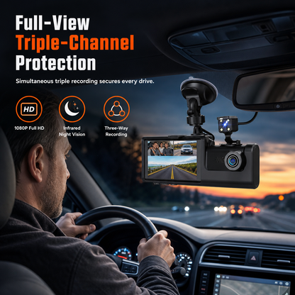 🚗 3‑kanals dashbordkamera – 1080P, 170°, infrarødt nattopptak, auto‑lås ved kollisjon. Trygghet på veien! ✨🛡️