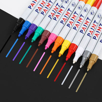 🎨 12 stk vanntette dekkpenner – hurtigtørkende, 2,8 mm spiss. Dekorer dekk, metall, glass og mer! ✨🖌️