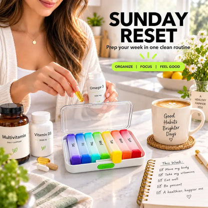 💊 Regnbue pilleorganisator – 14/21 rom, dagsmerkede lokk, lysbeskyttende, dobbeltlås. Hold medisinen trygg! ✨🌈