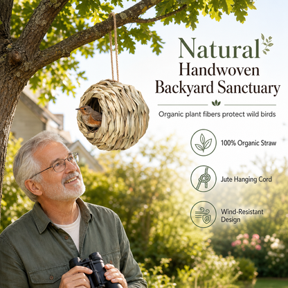 🐦 Håndvevd fuglerede i halm – naturlig, værbestandig, henges i trær. Trygg ly for småfugler i hagen! ✨🌿