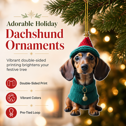 🎄 Julenisse-dachshund i akryl – knusesikker, dobbeltsidig trykk, vannavvisende. Lett og søt juletrepynt! ✨🐶