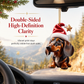 🎄 Julenisse-dachshund i akryl – knusesikker, dobbeltsidig trykk, vannavvisende. Lett og søt juletrepynt! ✨🐶