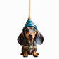 🎄 Julenisse-dachshund i akryl – knusesikker, dobbeltsidig trykk, vannavvisende. Lett og søt juletrepynt! ✨🐶