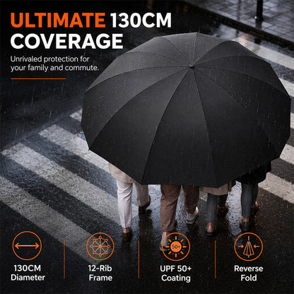 ☔ 130 cm XL stormparaply – 12 ribber, UPF 50+, plass til 4 personer. Hold hele familien tørr! ✨🌧️