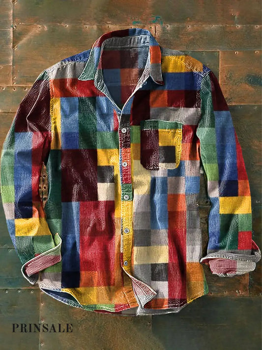 Unisex Enkel regnbuefarget rutete skjorte med vintageprint på revers med lange ermer og lomme