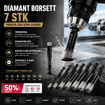 🔩 Bor for harde materialer – diamantbelagt, tørrboring med innvendig voks. Hex-skaft passer alle bor – profesjonelt resultat på fliser, marmor og mer! 🏗️💪