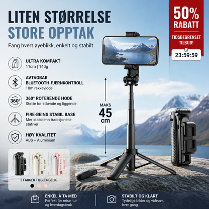📱 Selvieg stativ på 140g – 11cm sammenleggbar, Bluetooth fjernkontroll, 10m rekkevidde. Perfekt til reiser! 🧳✨
