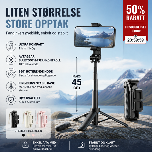 📱 Selvieg stativ på 140g – 11cm sammenleggbar, Bluetooth fjernkontroll, 10m rekkevidde. Perfekt til reiser! 🧳✨