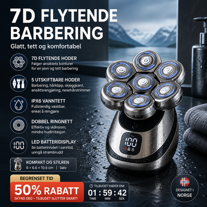 🪒 Hodebarberer med 7 flytende blader – IPX6, LCD, 5 utskiftbare blader. Våt- og tørrbarbering! 🔋✨